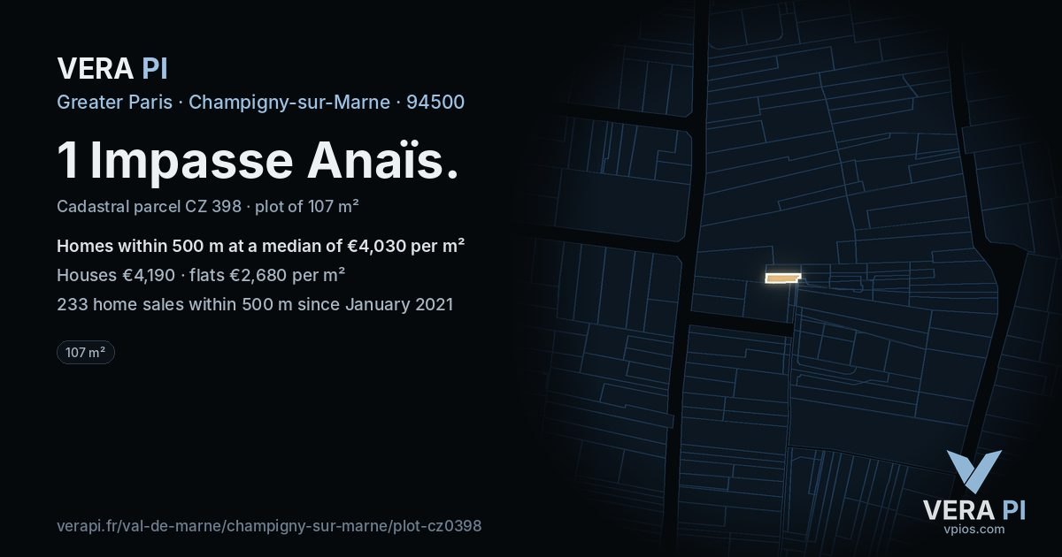1 Impasse Anaïs, Champigny-sur-Marne at night – the plot lit, the parcels around coloured by the prices near them