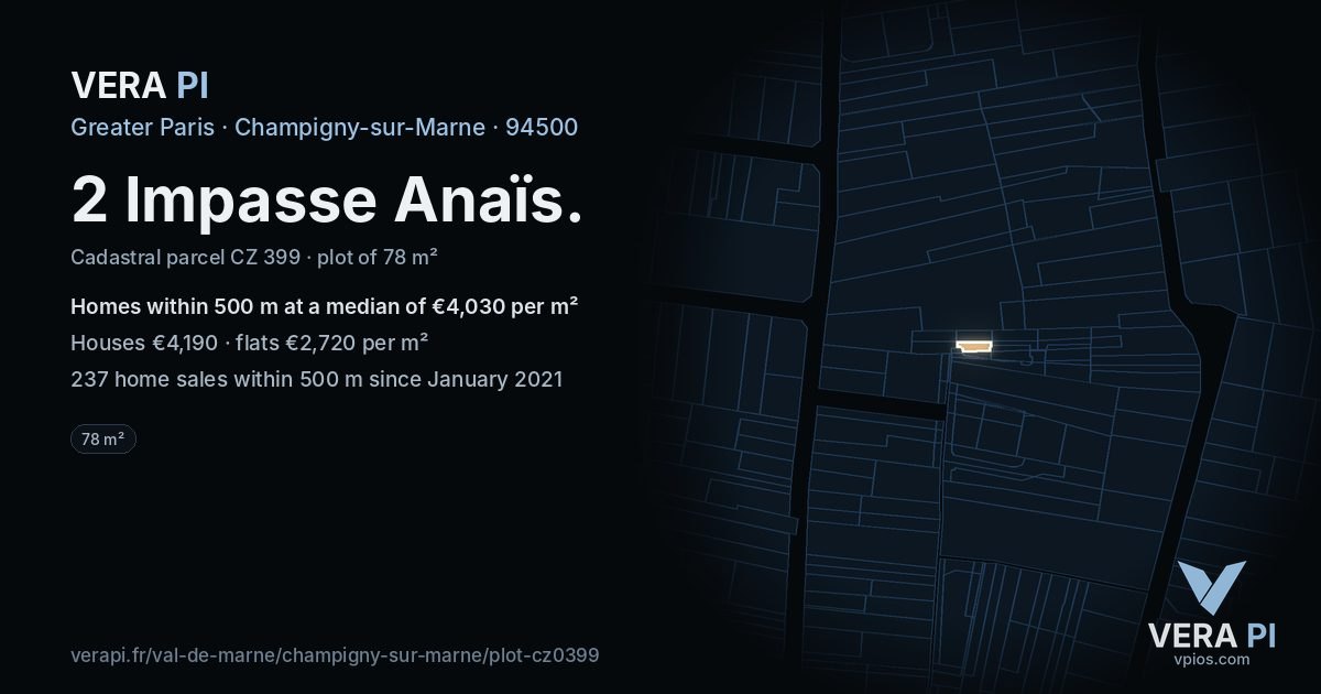 2 Impasse Anaïs, Champigny-sur-Marne at night – the plot lit, the parcels around coloured by the prices near them