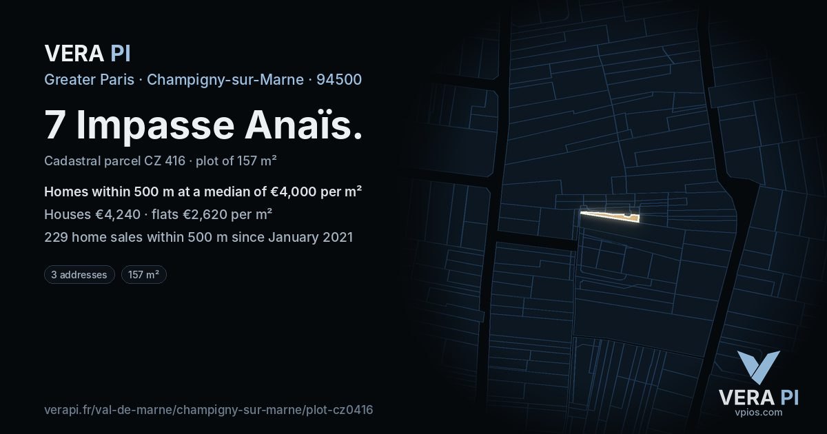 7 Impasse Anaïs, Champigny-sur-Marne at night – the plot lit, the parcels around coloured by the prices near them