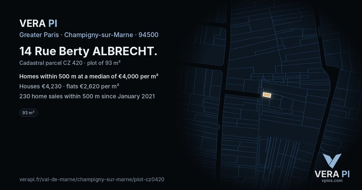 14 Rue Berty ALBRECHT, Champigny-sur-Marne at night – the plot lit, the parcels around coloured by the prices near them