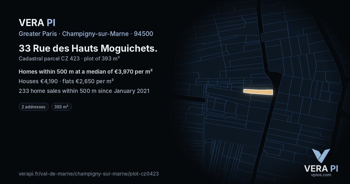 33 Rue des Hauts Moguichets, Champigny-sur-Marne at night – the plot lit, the parcels around coloured by the prices near them