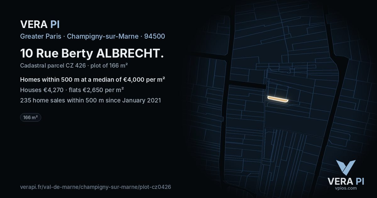 10 Rue Berty ALBRECHT, Champigny-sur-Marne at night – the plot lit, the parcels around coloured by the prices near them