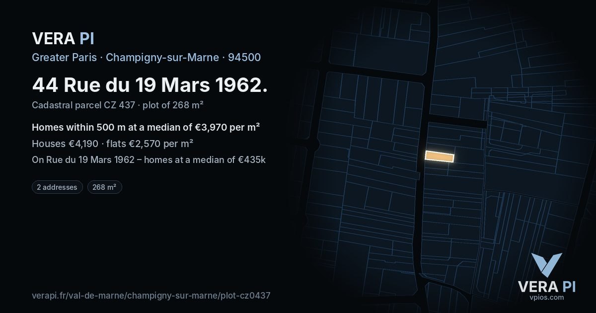 44 Rue du 19 Mars 1962, Champigny-sur-Marne at night – the plot lit, the parcels around coloured by the prices near them