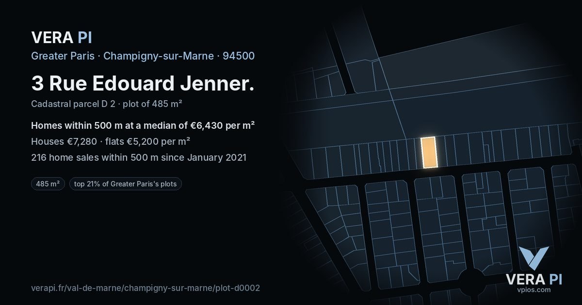 3 Rue Edouard Jenner, Champigny-sur-Marne at night – the plot lit, the parcels around coloured by the prices near them