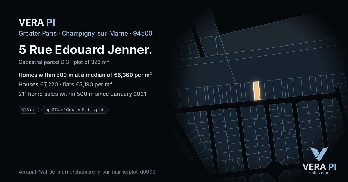 5 Rue Edouard Jenner, Champigny-sur-Marne at night – the plot lit, the parcels around coloured by the prices near them