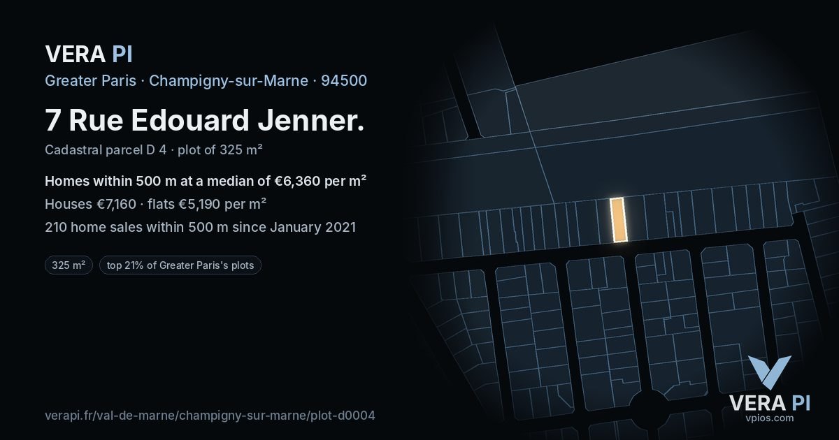 7 Rue Edouard Jenner, Champigny-sur-Marne at night – the plot lit, the parcels around coloured by the prices near them