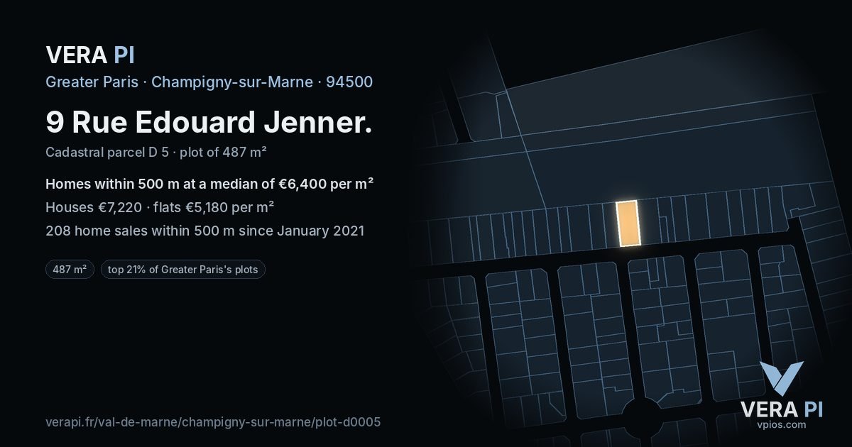 9 Rue Edouard Jenner, Champigny-sur-Marne at night – the plot lit, the parcels around coloured by the prices near them