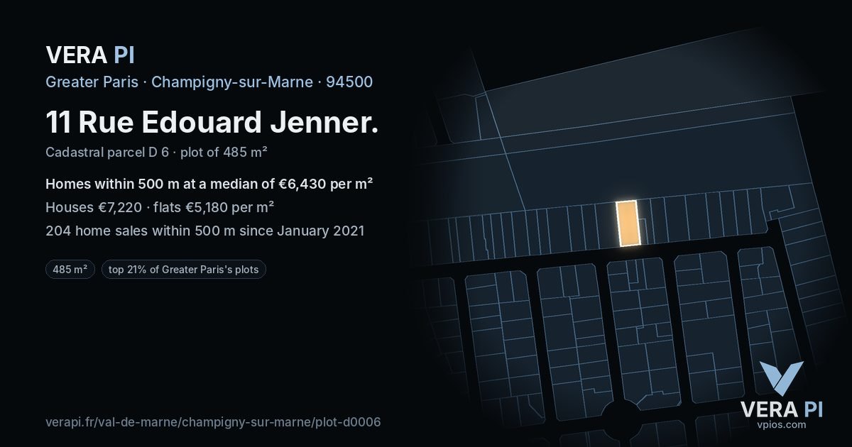 11 Rue Edouard Jenner, Champigny-sur-Marne at night – the plot lit, the parcels around coloured by the prices near them