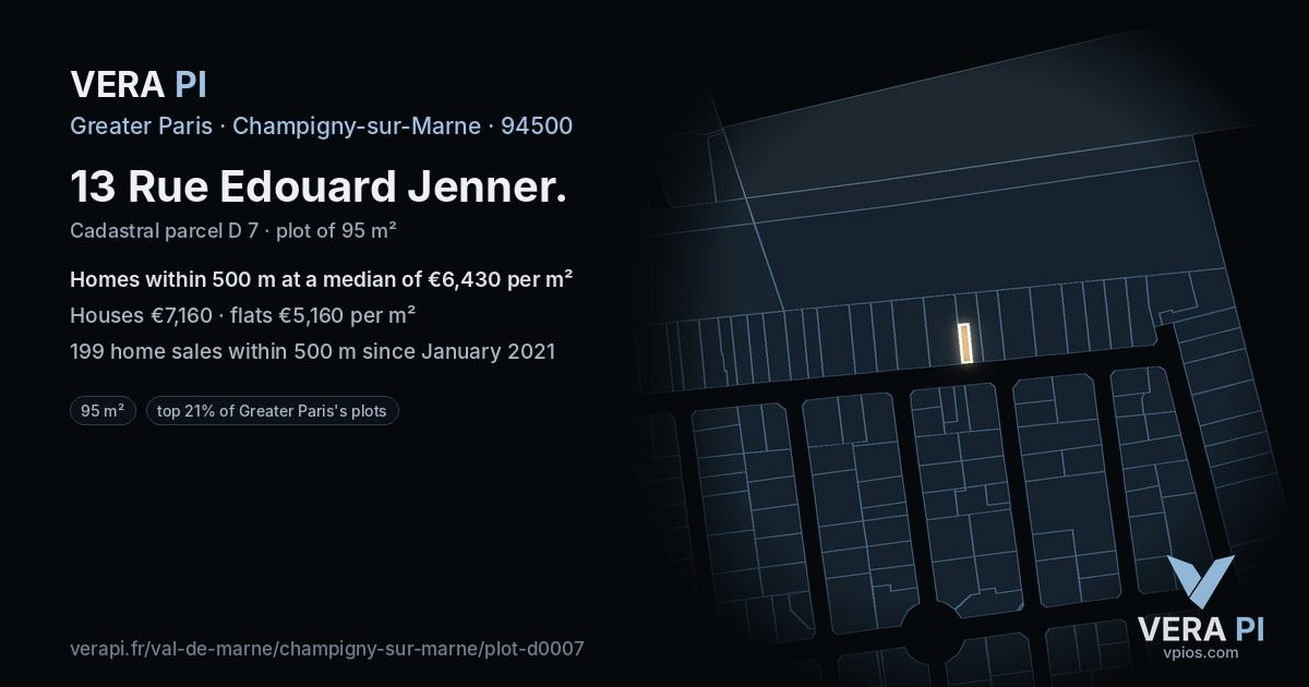13 Rue Edouard Jenner, Champigny-sur-Marne at night – the plot lit, the parcels around coloured by the prices near them