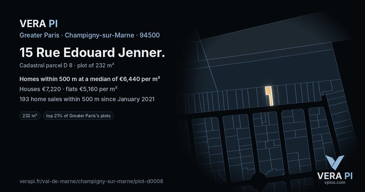15 Rue Edouard Jenner, Champigny-sur-Marne at night – the plot lit, the parcels around coloured by the prices near them