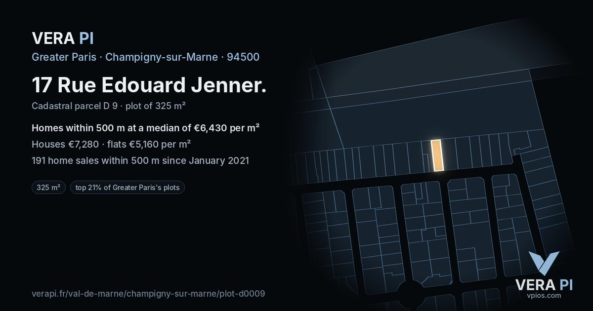 17 Rue Edouard Jenner, Champigny-sur-Marne at night – the plot lit, the parcels around coloured by the prices near them