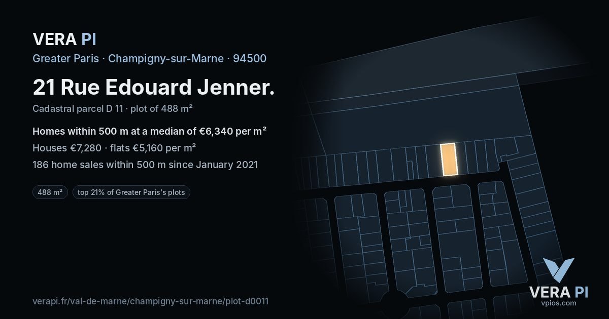 21 Rue Edouard Jenner, Champigny-sur-Marne at night – the plot lit, the parcels around coloured by the prices near them