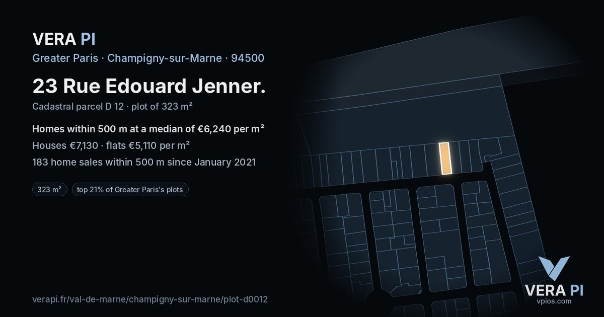 23 Rue Edouard Jenner, Champigny-sur-Marne at night – the plot lit, the parcels around coloured by the prices near them