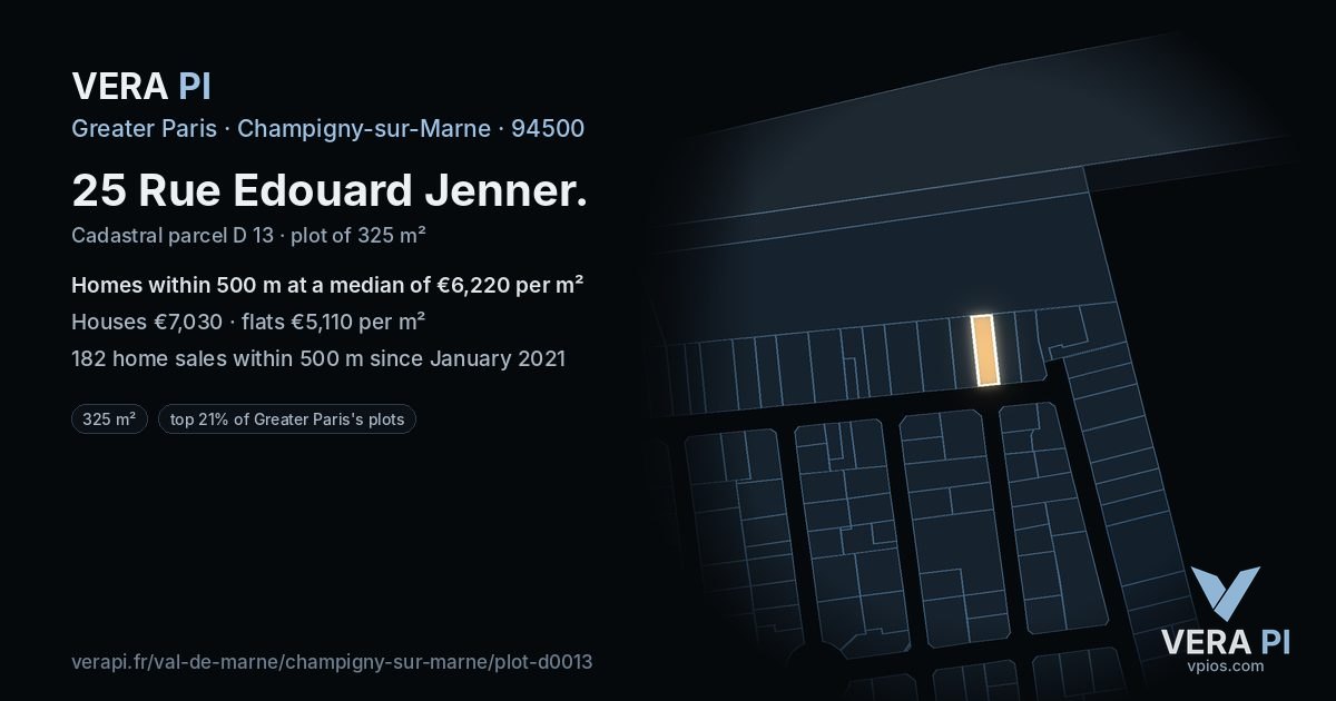 25 Rue Edouard Jenner, Champigny-sur-Marne at night – the plot lit, the parcels around coloured by the prices near them