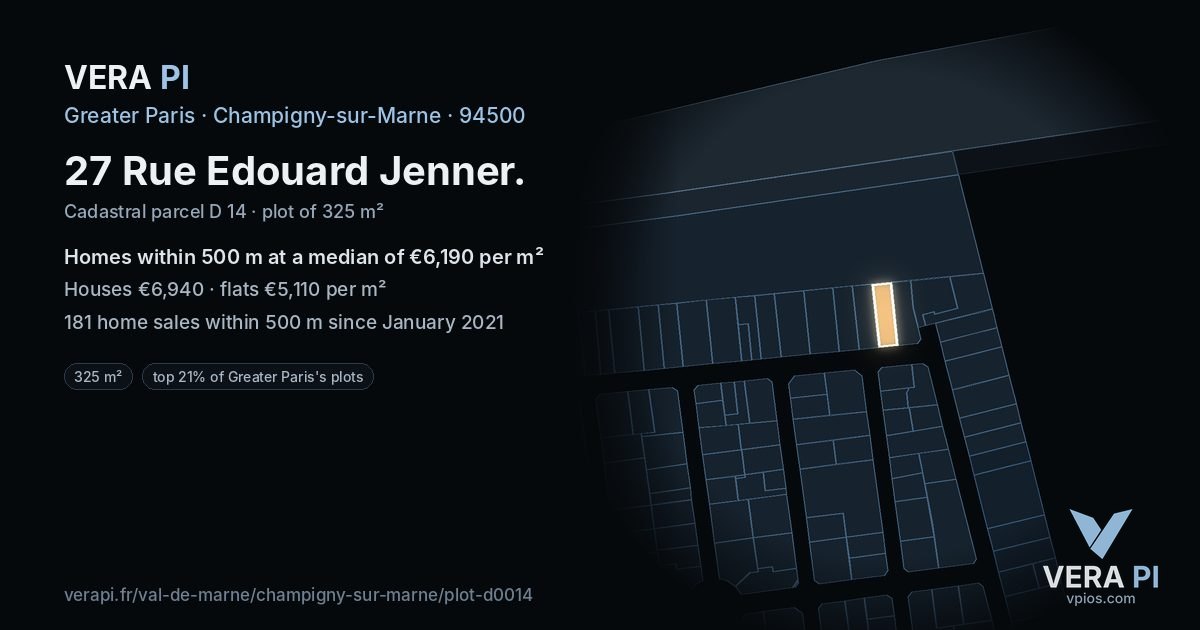 27 Rue Edouard Jenner, Champigny-sur-Marne at night – the plot lit, the parcels around coloured by the prices near them