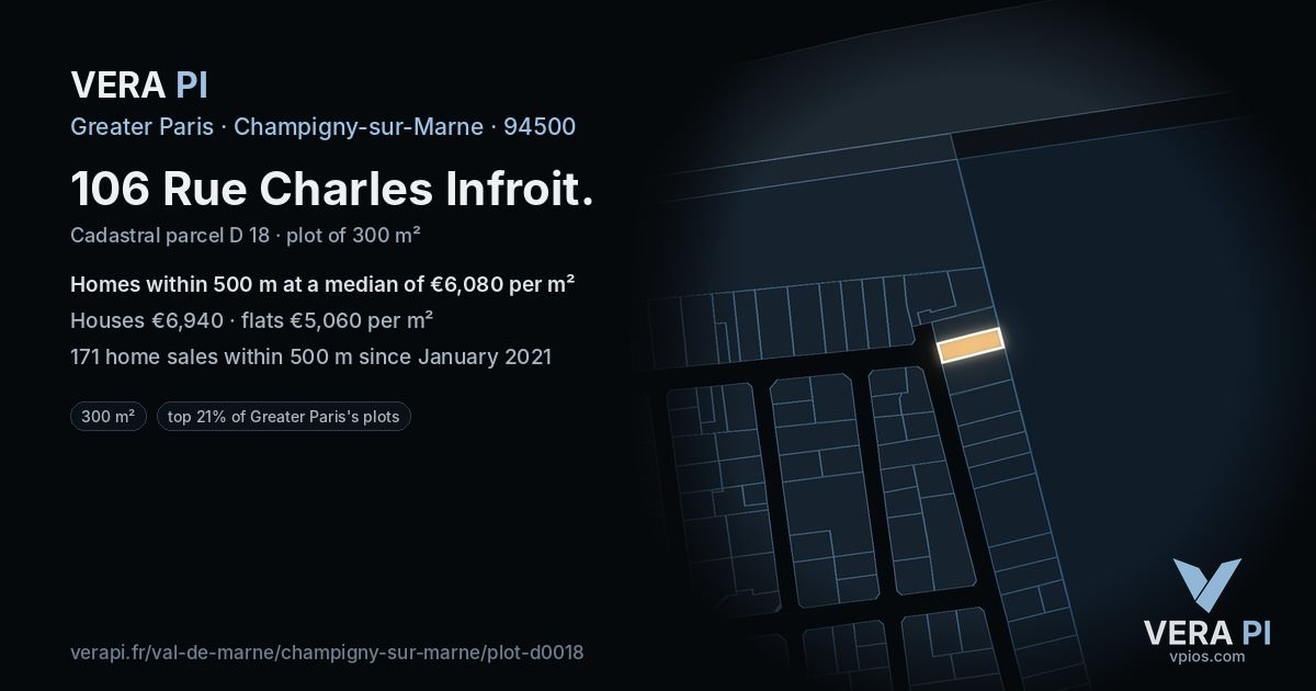 106 Rue Charles Infroit, Champigny-sur-Marne at night – the plot lit, the parcels around coloured by the prices near them