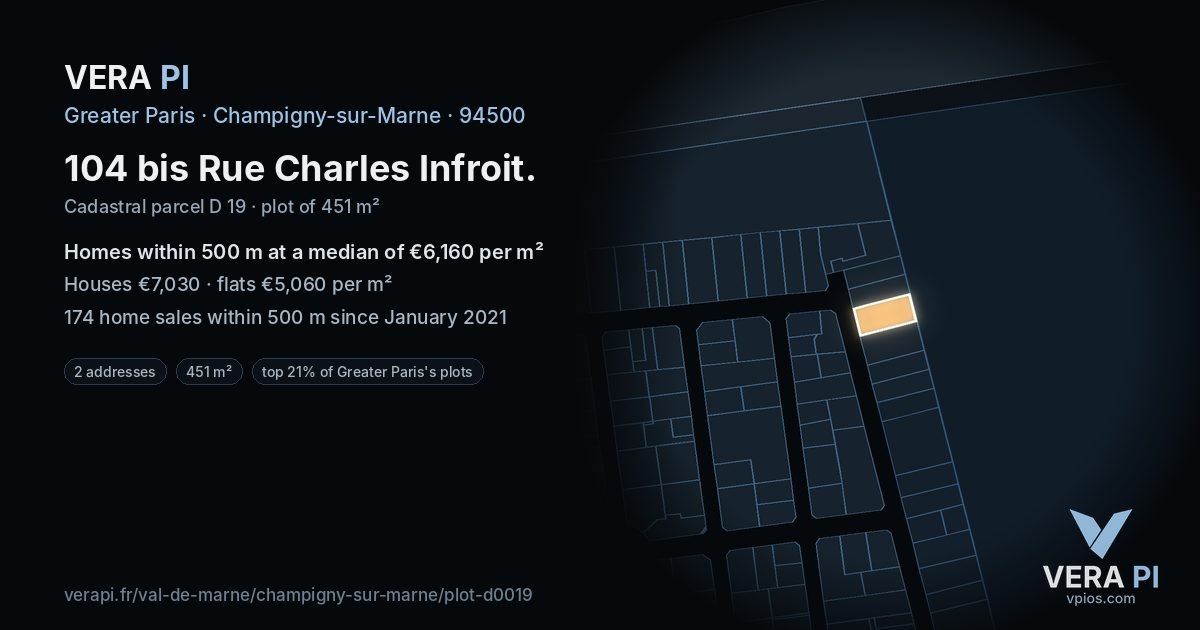 104 bis Rue Charles Infroit, Champigny-sur-Marne at night – the plot lit, the parcels around coloured by the prices near them