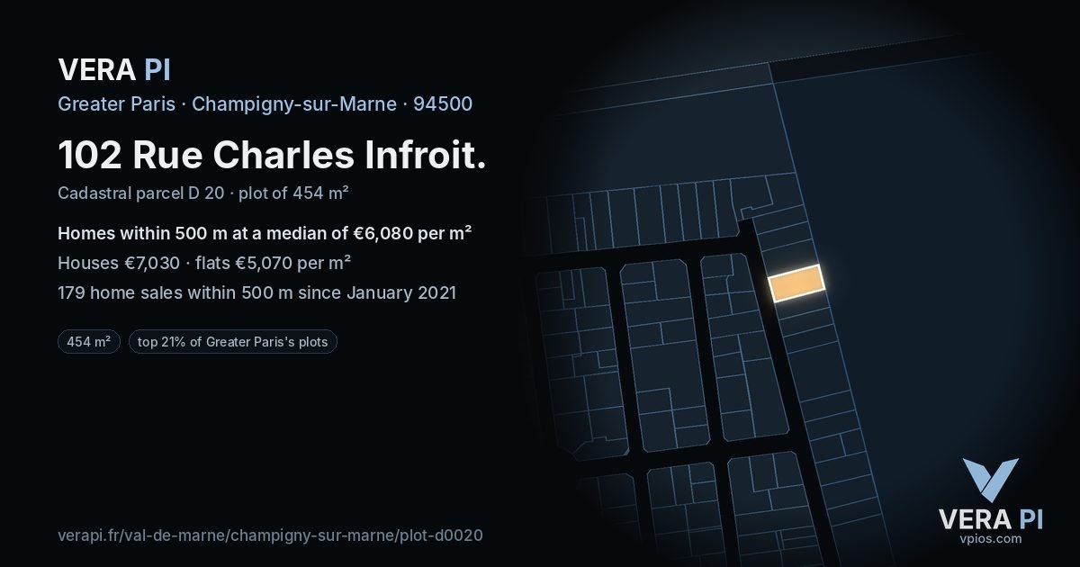 102 Rue Charles Infroit, Champigny-sur-Marne at night – the plot lit, the parcels around coloured by the prices near them