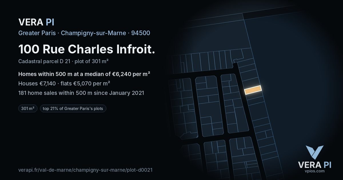 100 Rue Charles Infroit, Champigny-sur-Marne at night – the plot lit, the parcels around coloured by the prices near them