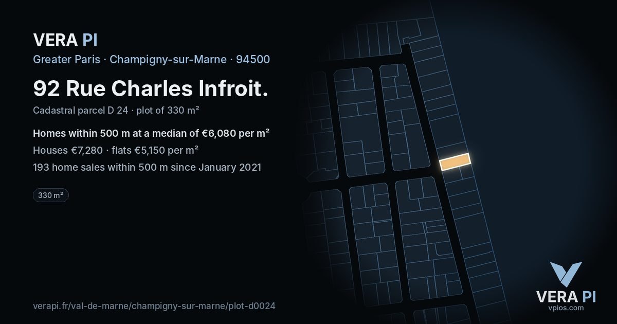 92 Rue Charles Infroit, Champigny-sur-Marne at night – the plot lit, the parcels around coloured by the prices near them