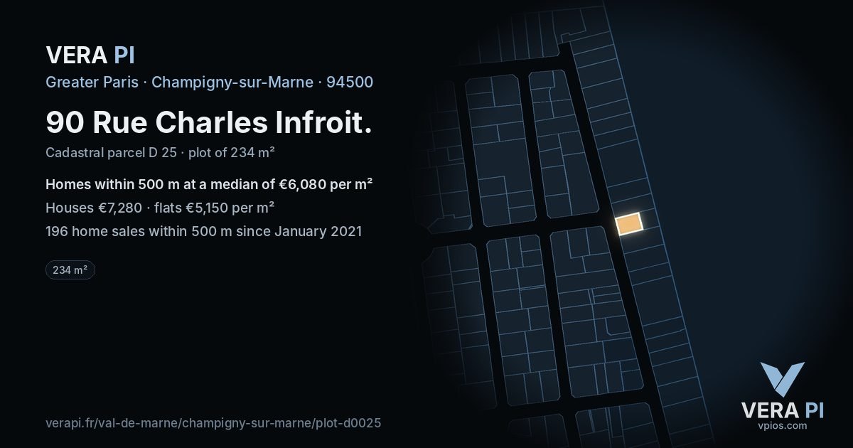 90 Rue Charles Infroit, Champigny-sur-Marne at night – the plot lit, the parcels around coloured by the prices near them