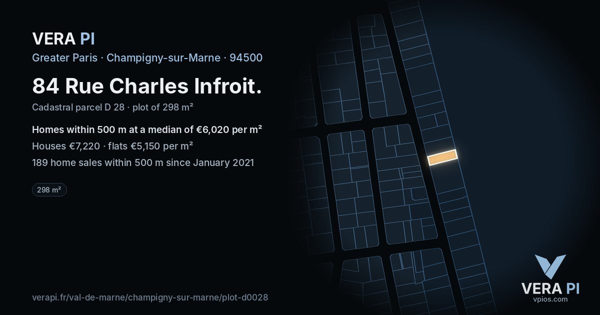 84 Rue Charles Infroit, Champigny-sur-Marne at night – the plot lit, the parcels around coloured by the prices near them