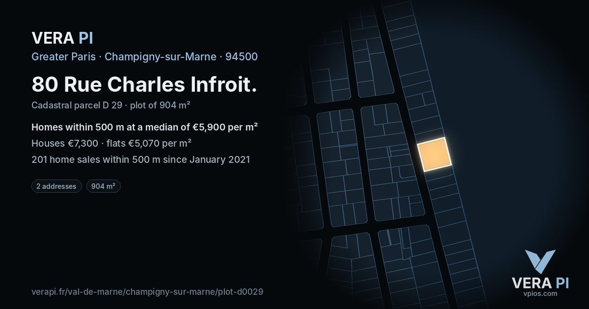 80 Rue Charles Infroit, Champigny-sur-Marne at night – the plot lit, the parcels around coloured by the prices near them