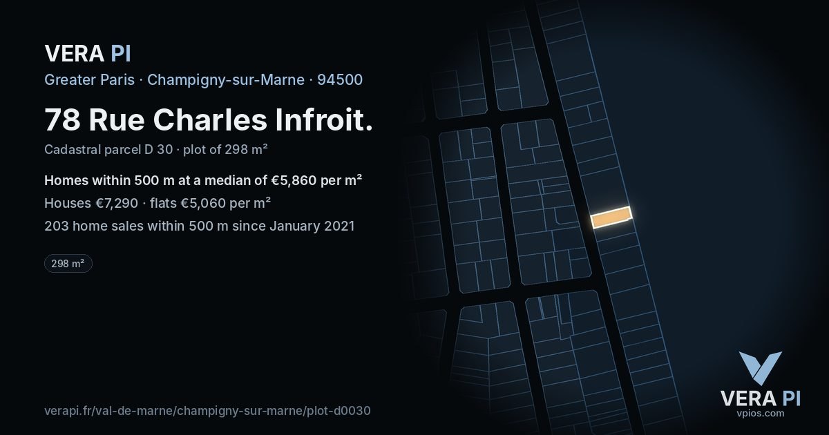 78 Rue Charles Infroit, Champigny-sur-Marne at night – the plot lit, the parcels around coloured by the prices near them