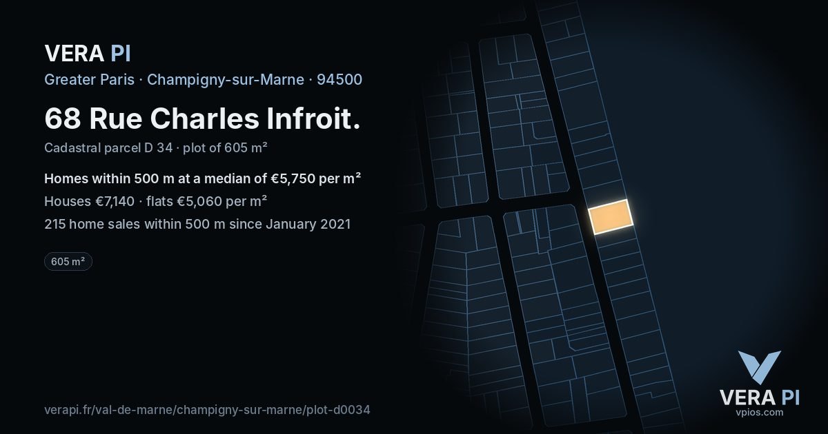 68 Rue Charles Infroit, Champigny-sur-Marne at night – the plot lit, the parcels around coloured by the prices near them