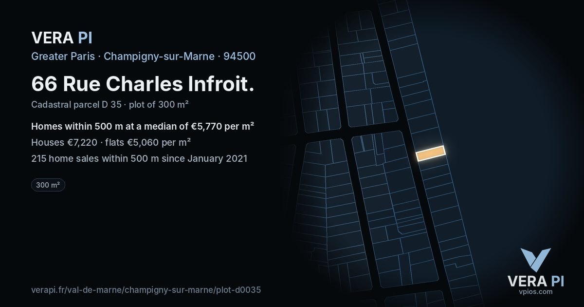66 Rue Charles Infroit, Champigny-sur-Marne at night – the plot lit, the parcels around coloured by the prices near them