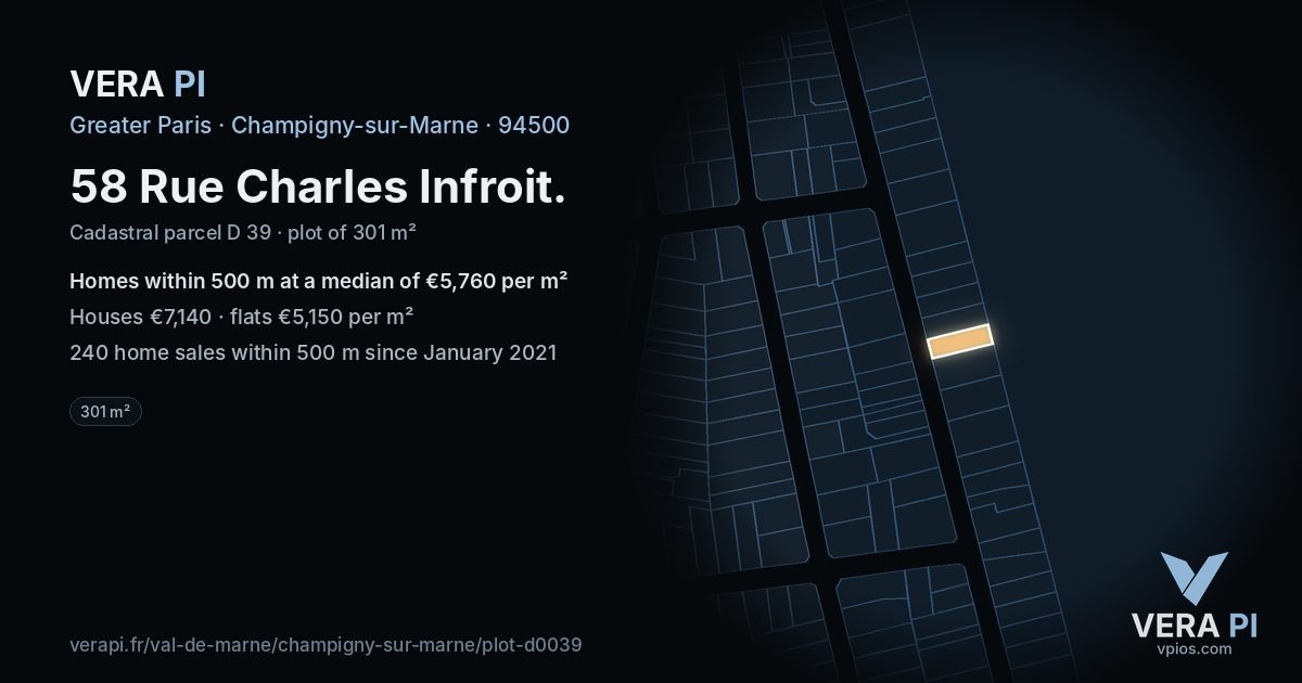 58 Rue Charles Infroit, Champigny-sur-Marne at night – the plot lit, the parcels around coloured by the prices near them