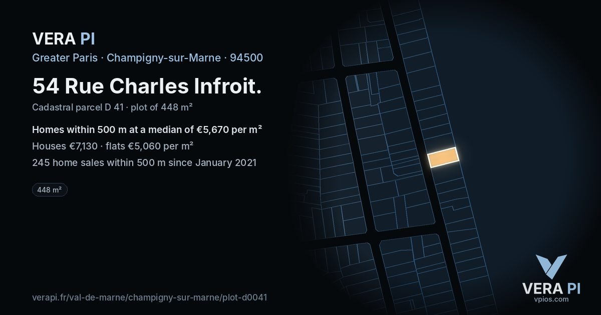 54 Rue Charles Infroit, Champigny-sur-Marne at night – the plot lit, the parcels around coloured by the prices near them