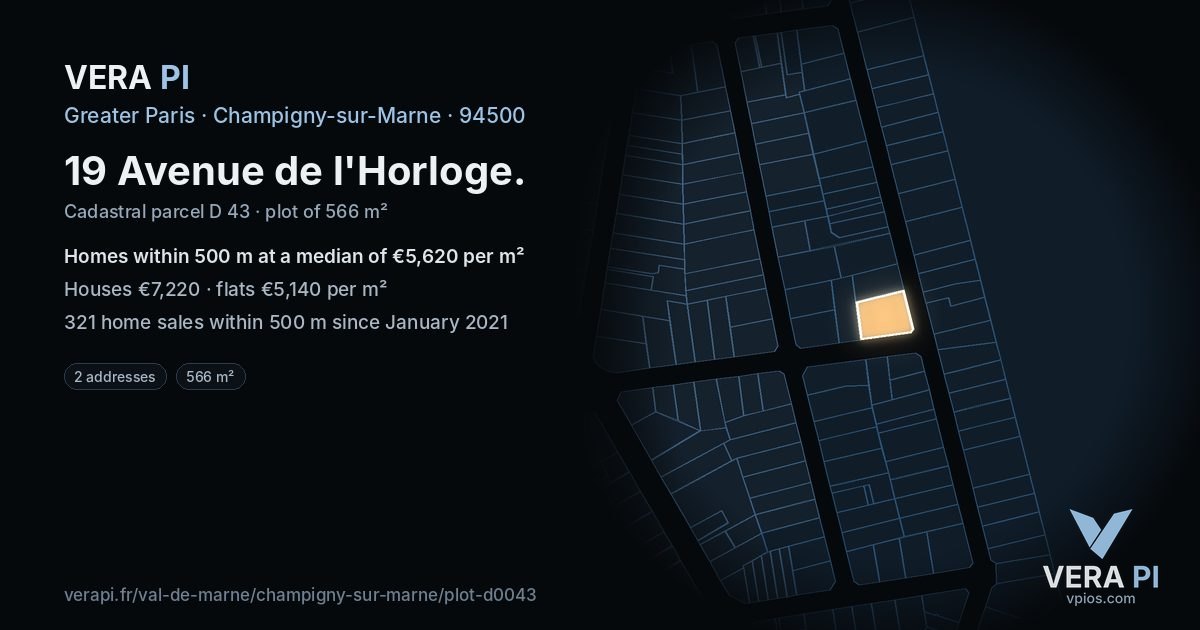 19 Avenue de l'Horloge, Champigny-sur-Marne at night – the plot lit, the parcels around coloured by the prices near them