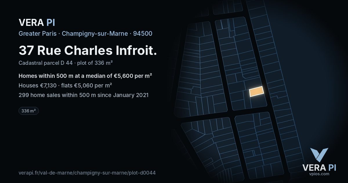37 Rue Charles Infroit, Champigny-sur-Marne at night – the plot lit, the parcels around coloured by the prices near them