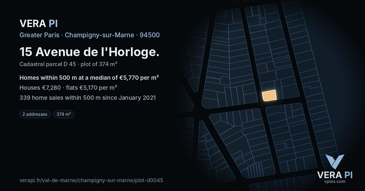15 Avenue de l'Horloge, Champigny-sur-Marne at night – the plot lit, the parcels around coloured by the prices near them