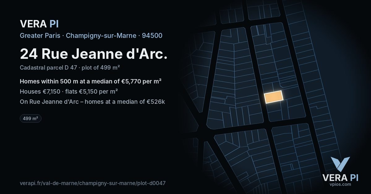 24 Rue Jeanne d'Arc, Champigny-sur-Marne at night – the plot lit, the parcels around coloured by the prices near them