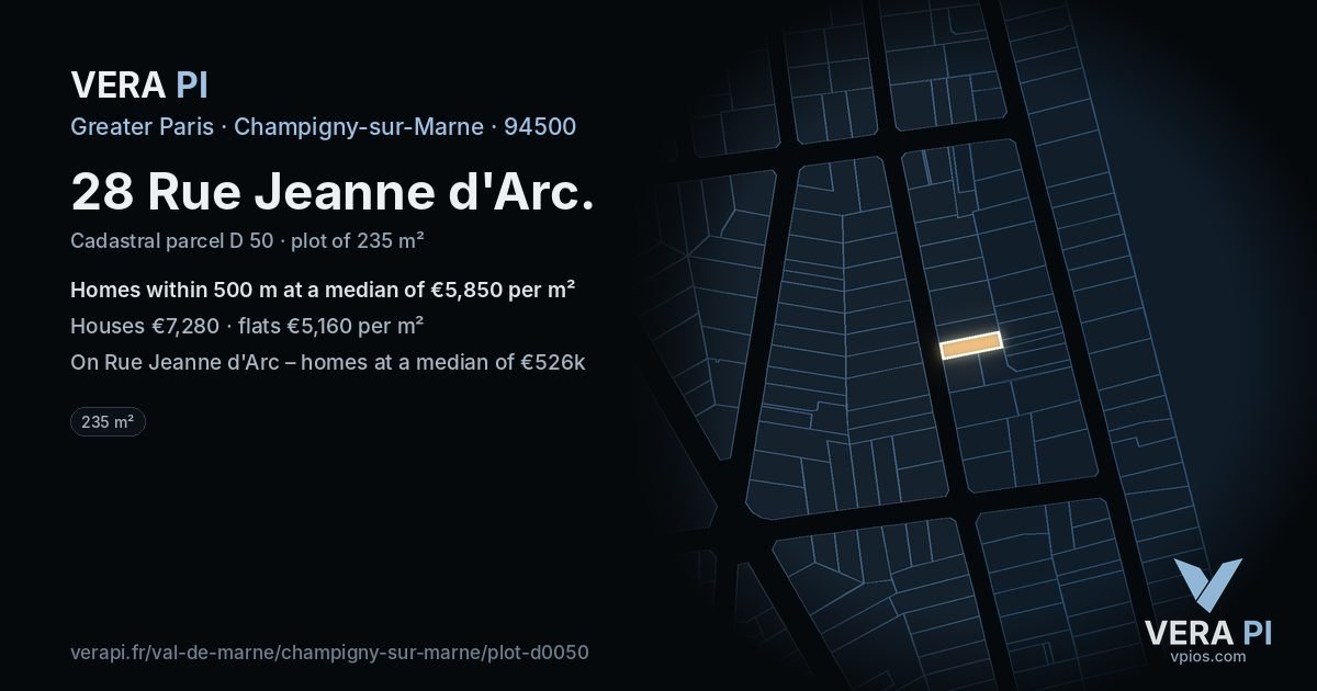 28 Rue Jeanne d'Arc, Champigny-sur-Marne at night – the plot lit, the parcels around coloured by the prices near them