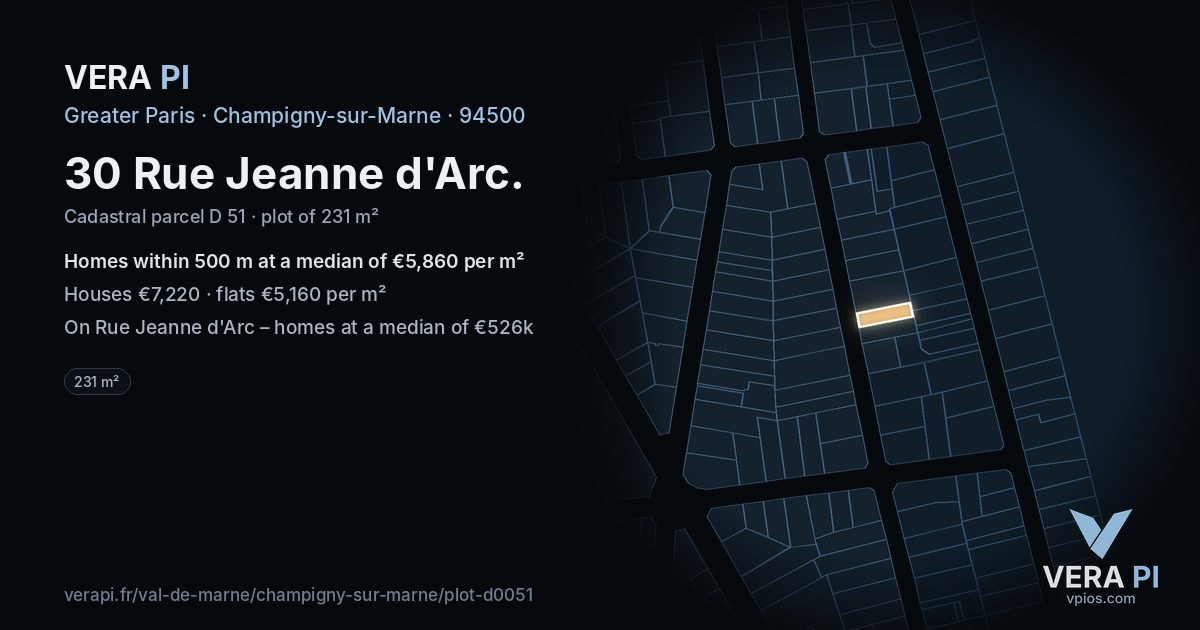 30 Rue Jeanne d'Arc, Champigny-sur-Marne at night – the plot lit, the parcels around coloured by the prices near them