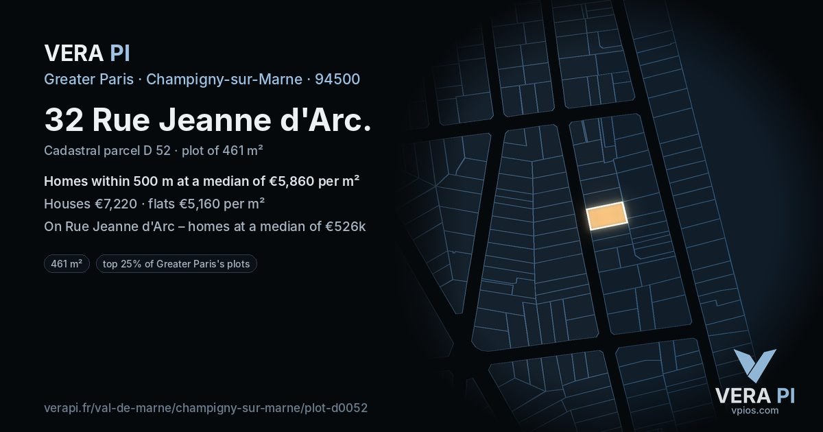 32 Rue Jeanne d'Arc, Champigny-sur-Marne at night – the plot lit, the parcels around coloured by the prices near them