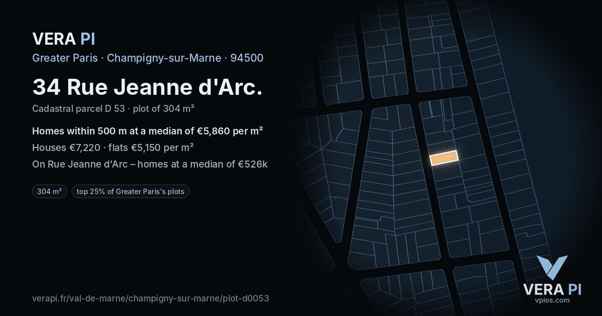 34 Rue Jeanne d'Arc, Champigny-sur-Marne at night – the plot lit, the parcels around coloured by the prices near them