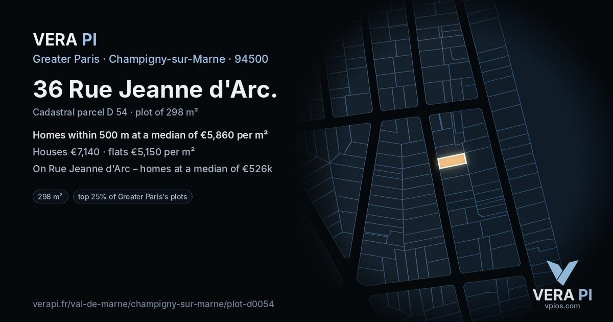 36 Rue Jeanne d'Arc, Champigny-sur-Marne at night – the plot lit, the parcels around coloured by the prices near them