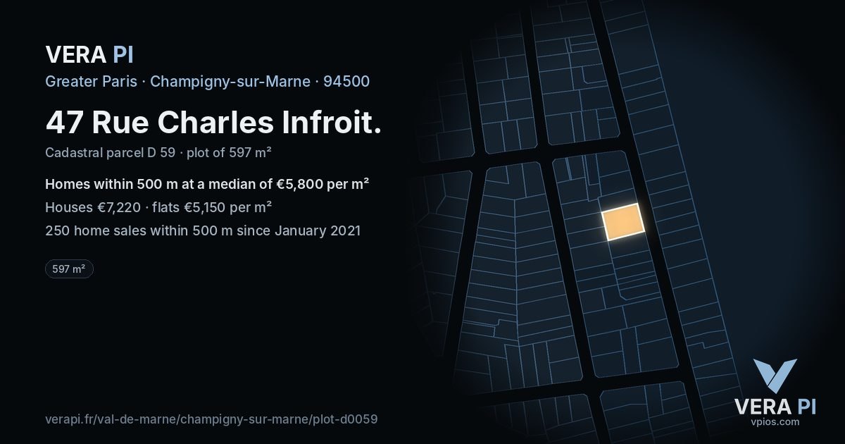 47 Rue Charles Infroit, Champigny-sur-Marne at night – the plot lit, the parcels around coloured by the prices near them