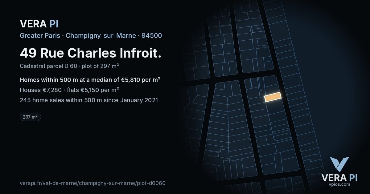 49 Rue Charles Infroit, Champigny-sur-Marne at night – the plot lit, the parcels around coloured by the prices near them