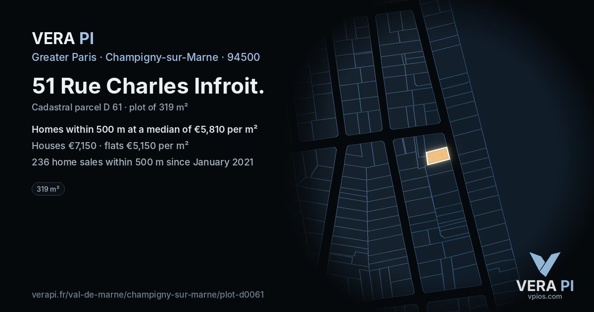 51 Rue Charles Infroit, Champigny-sur-Marne at night – the plot lit, the parcels around coloured by the prices near them