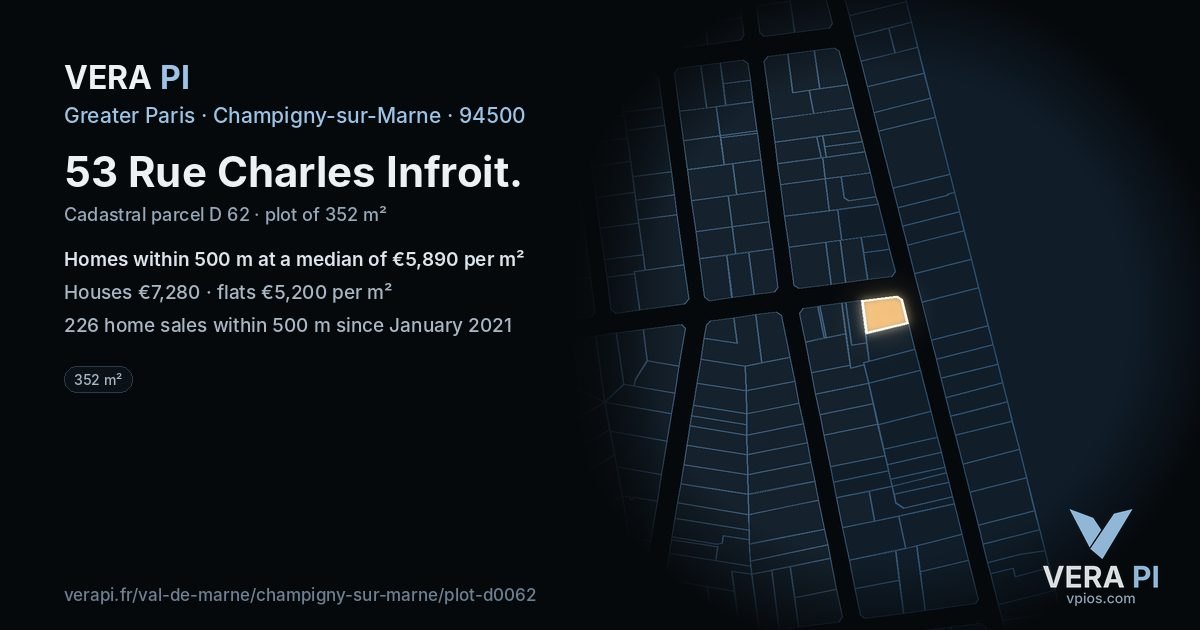 53 Rue Charles Infroit, Champigny-sur-Marne at night – the plot lit, the parcels around coloured by the prices near them