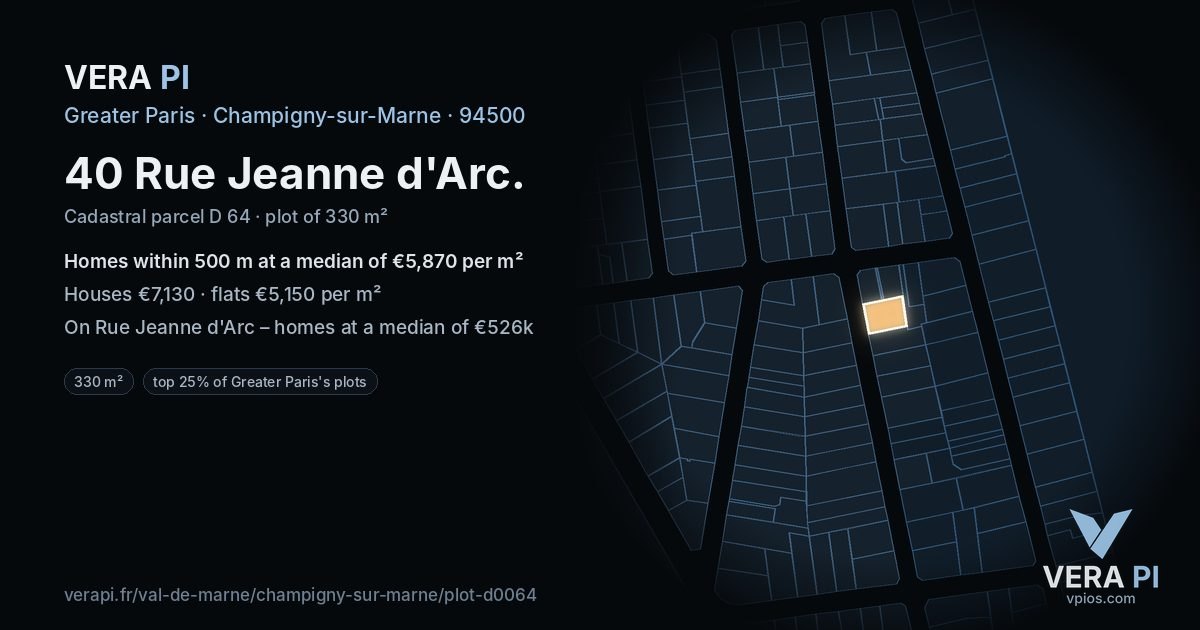 40 Rue Jeanne d'Arc, Champigny-sur-Marne at night – the plot lit, the parcels around coloured by the prices near them