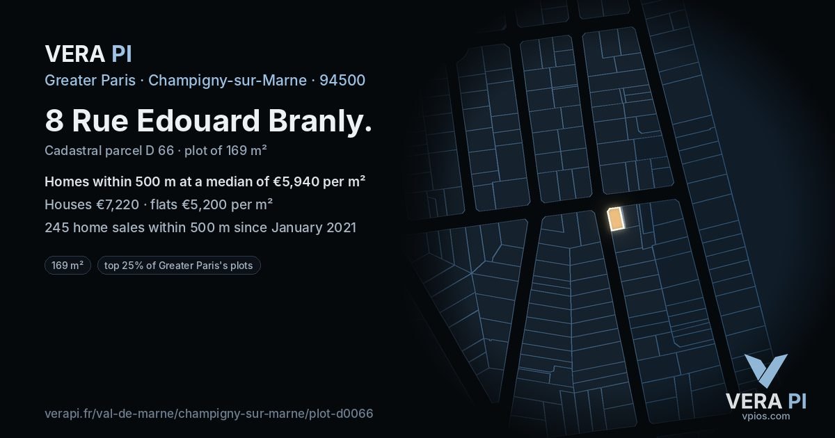 8 Rue Edouard Branly, Champigny-sur-Marne at night – the plot lit, the parcels around coloured by the prices near them