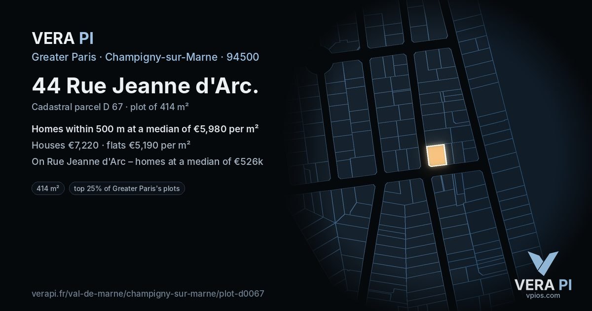 44 Rue Jeanne d'Arc, Champigny-sur-Marne at night – the plot lit, the parcels around coloured by the prices near them
