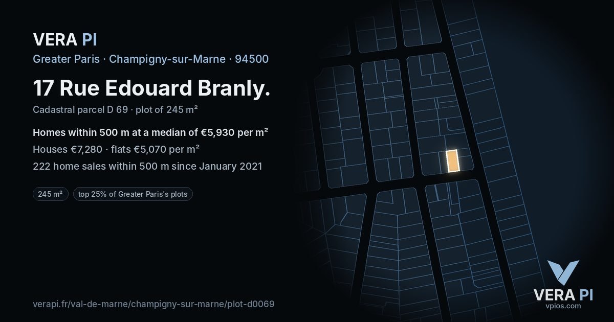 17 Rue Edouard Branly, Champigny-sur-Marne at night – the plot lit, the parcels around coloured by the prices near them