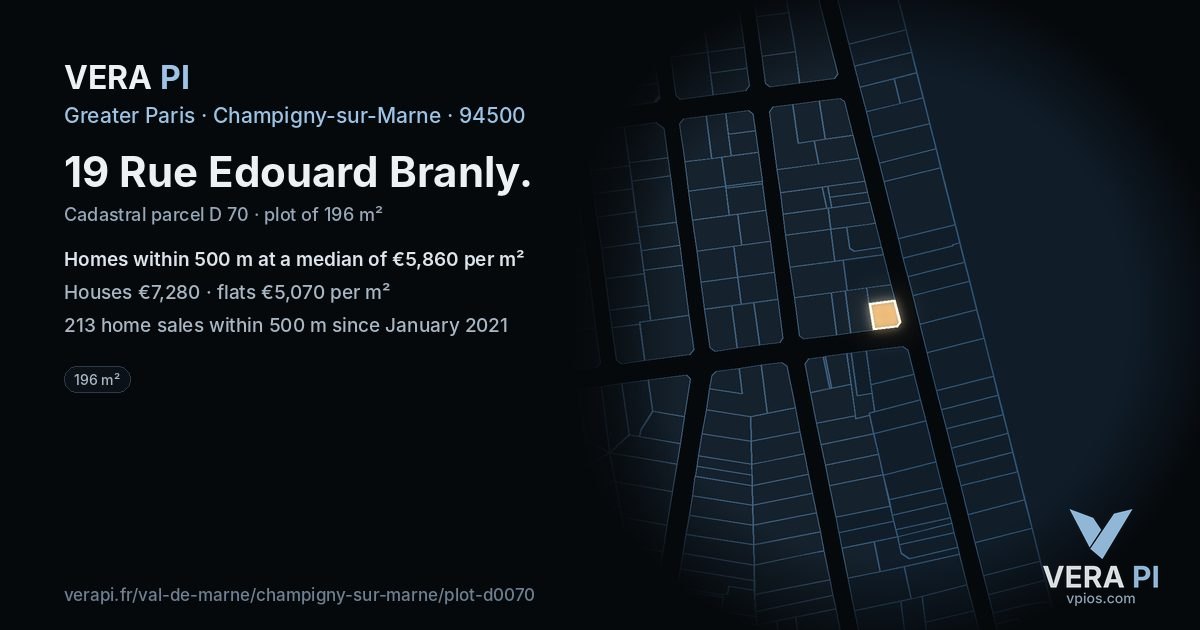 19 Rue Edouard Branly, Champigny-sur-Marne at night – the plot lit, the parcels around coloured by the prices near them